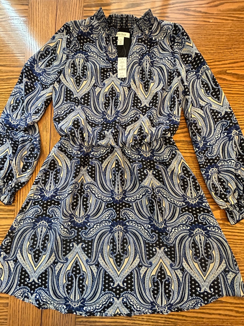 White House Black Market Navy and Cream Paisley Long Sleeve Mini Dress Size XS